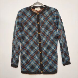 Vintage EQUORIAN HERITAGE Women's SMALL Button Up Plaid Cardigan Sweater Blue